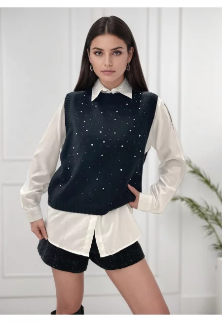 Черен пуловер без ръкави със стрази A-9015 M9 18184