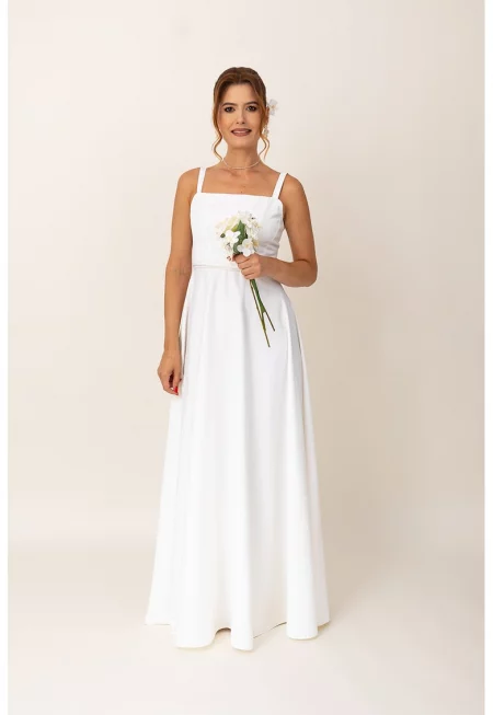 Дълга разкроена рокля с квадратно деколте - Бял