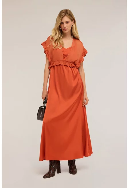 Дълга разкроена рокля с шпиц - Мандарина