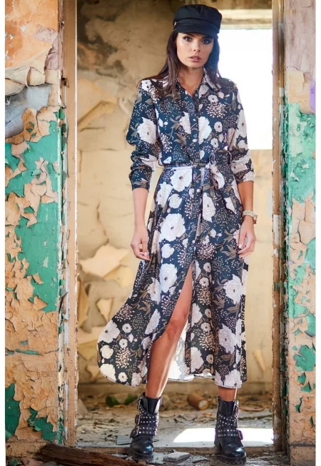 Дълга Рокля с Флорални Мотиви и Дълъг Ръкав - Принт A324