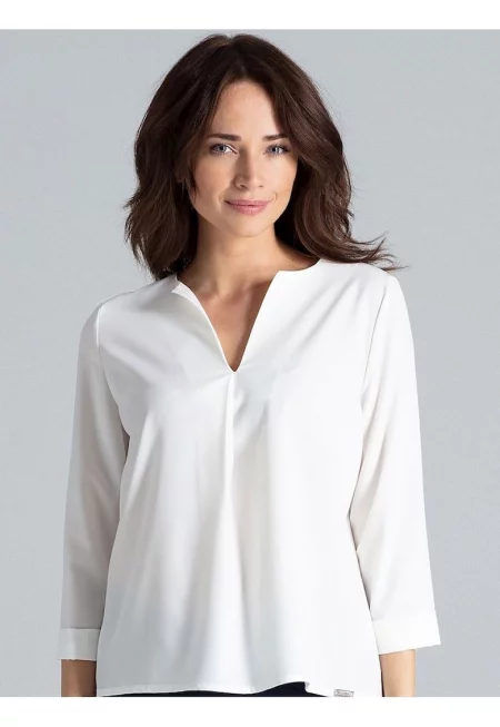 Дамска блуза - Ленитиф - семпла - с V-образно деколте - бежова - полиестер