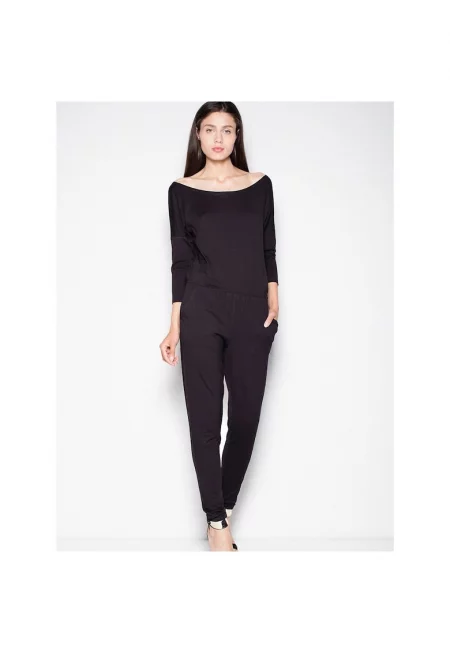 Дамски гащеризон  черен - полукръгло деколте - паднали ръкави - вискоза -