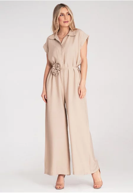 Дамски гащеризон  Широк крачол - Къс ръкав - Универсален материал - Един размер INTL - Бежов