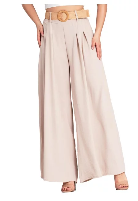 Дамски панталон -  бежов - с колан - полиестер - Един размер