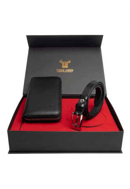 Дамски портфейл и комплект колан - естествена кожа - черен - Arya-Slim