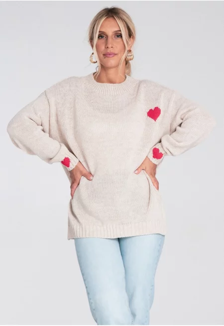 Дамски пуловер -  бежов - плетен - червени сърца - свободна кройка