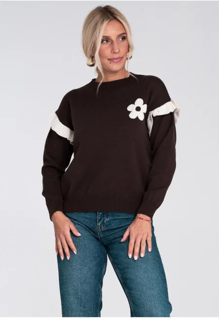 Дамски пуловер  кафяв - с волани и флорална апликация - плетена вискоза