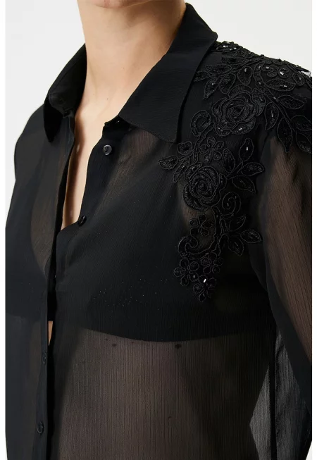 Ефирна риза от шифон с флорална апликация