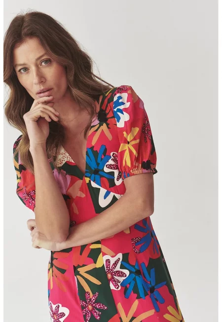 Флорална рокля Lanamia с шпиц - Червен/Черен/Жълт