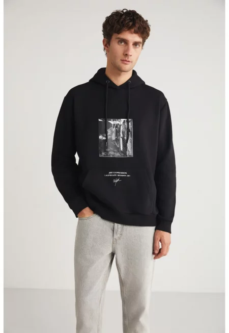 Худи с памук с графична шарка - Черен