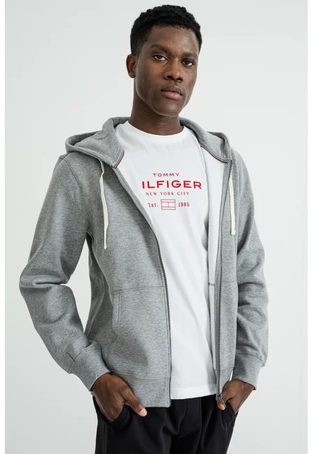 Худи с памук с цип - Меланж тъмно сиво