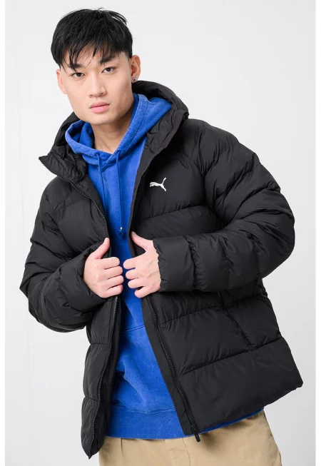 Капитонирано зимно яке с качулка - Черен