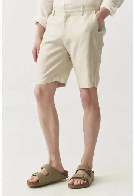 Къс ленен панталон със средновисока талия - Слонова кост