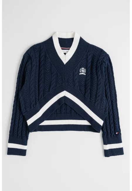 Къс пуловер с шпиц и плетка осморка - Бял/Тъмносин