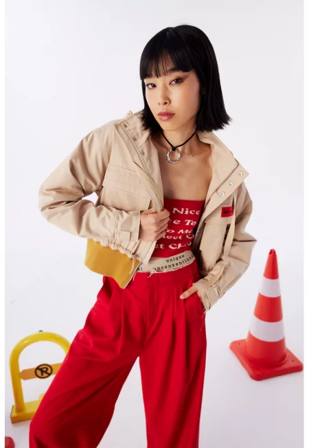 Късо яке с еластична рипсена талия - Жълт/Бежов