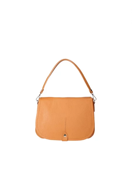 Кожена чанта през рамо с капаче - Карамел