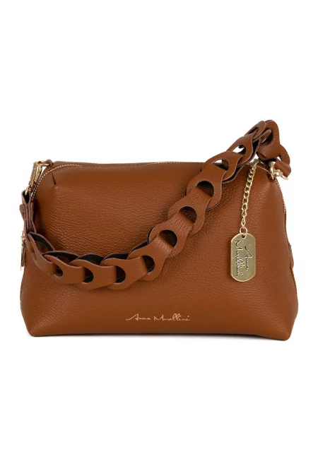 Кожена чанта с отделяща се презрамка - Канелено кафяво