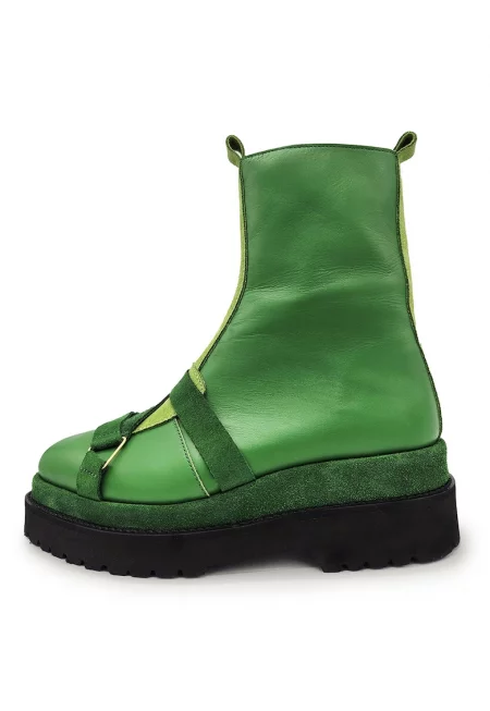 Кожени боти с велур - Лайм зелено