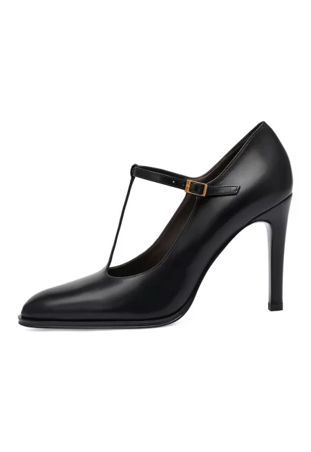 Кожени обувки с T-образна каишка - Черен