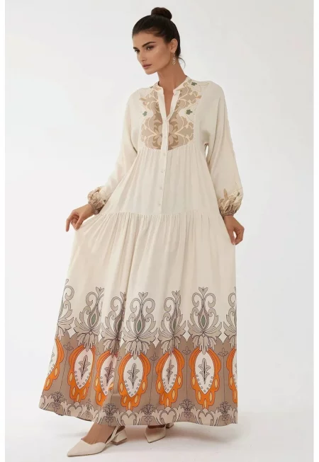 Макси рокля -  дълъг ръкав - бежова - текстил