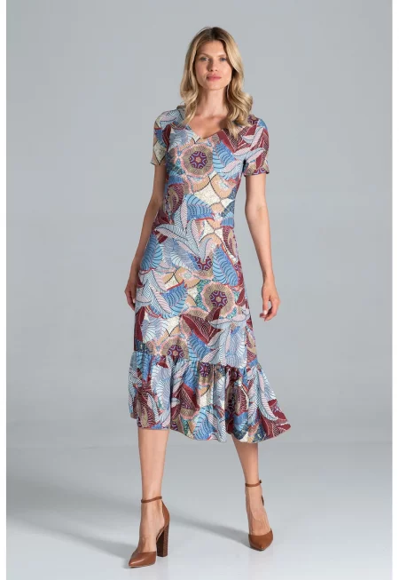 Миди рокля  модел с къс ръкав - лятна - многоцветна - полиестер