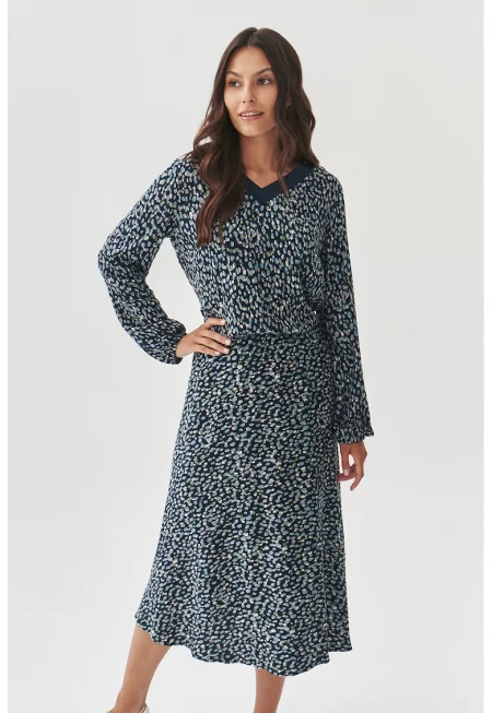 Миди рокля с шпиц и принт - Черен/Прашно синьо