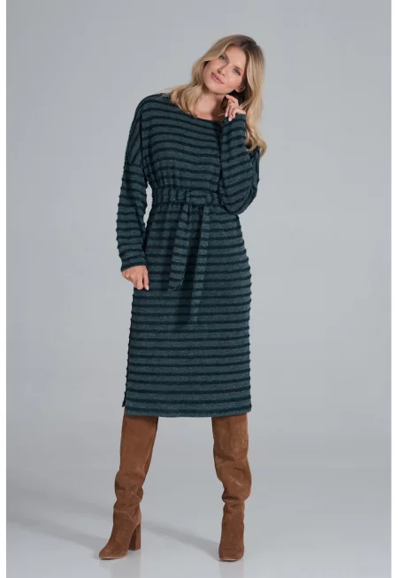 Миди рокля  зелена с райета - плетена - дълъг ръкав - полиестер - SM