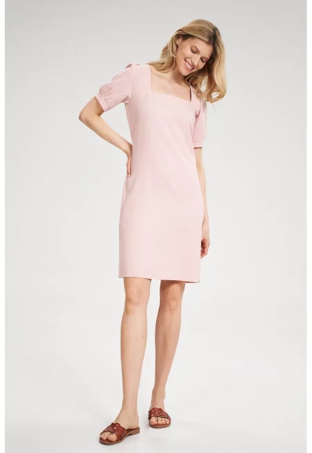 Мини рокля -  розова - квадратно деколте - къс ръкав - полиестер