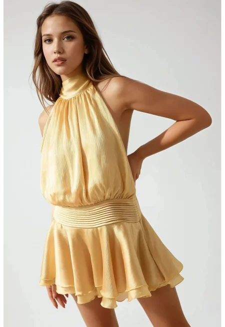 Мини рокля -  висока яка - текстурирана - жълта - текстил