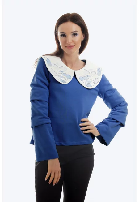 Памучна блуза с яка Baby Doll 1 - Бял/Тъмносин