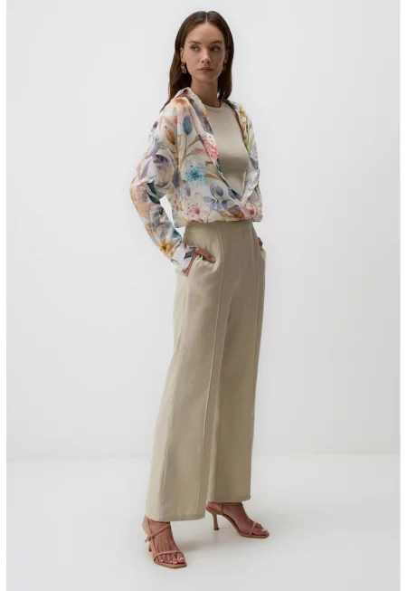 Панталон с лен с широк крачол - Слонова кост