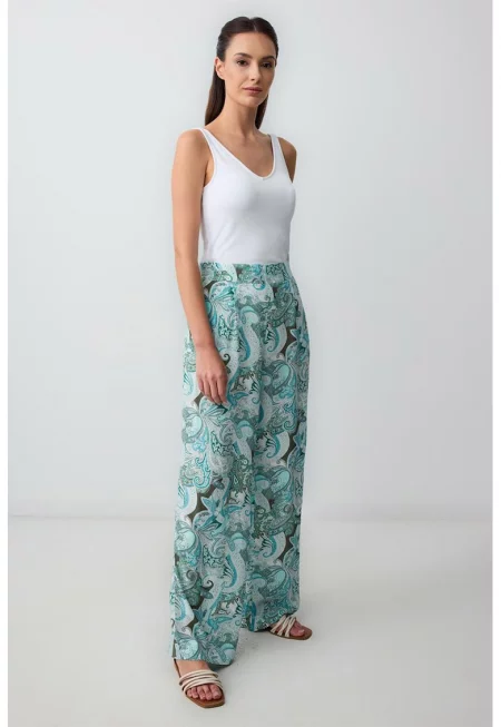 Панталон с висока талия и фигурален принт - Бял/Тюркоаз