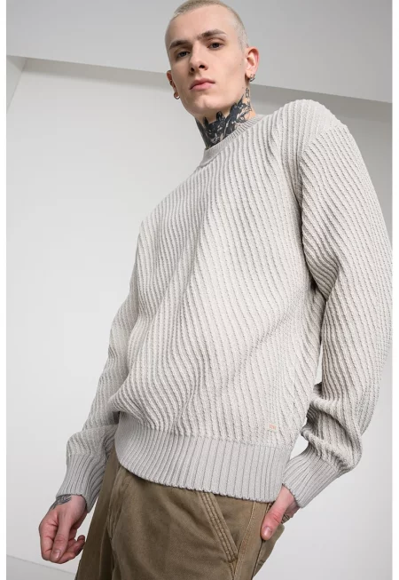 Плетен пуловер с овално деколте - Светло бежово