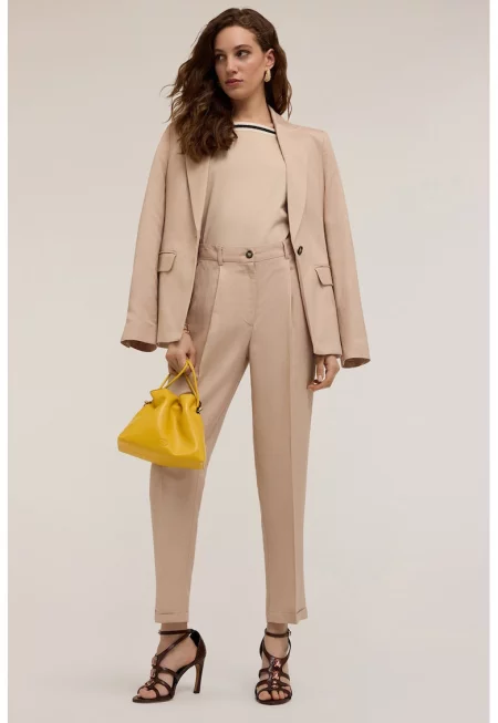 Прав панталон с висока талия и ръб - Бежов