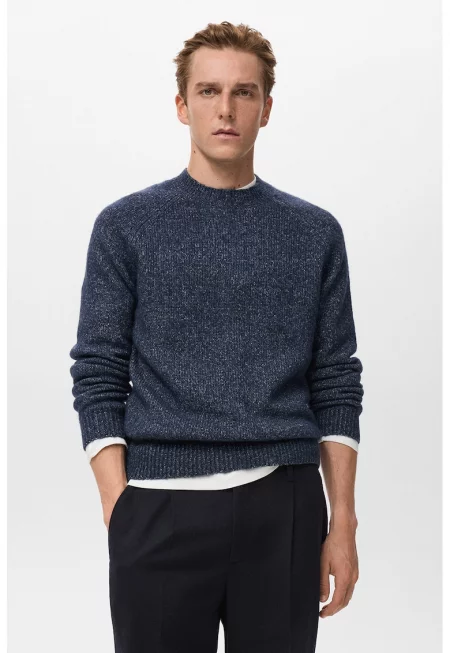 Пуловер от памук и вълна с ръкави реглан - Син меланж