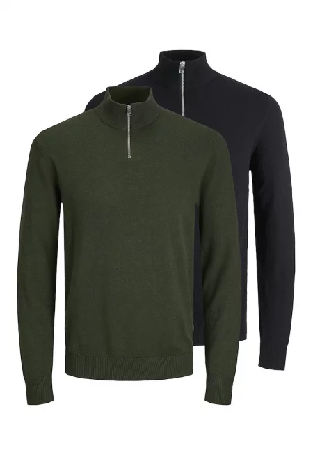 Пуловер с къс цип - 2 части - Черен/Бледо каки