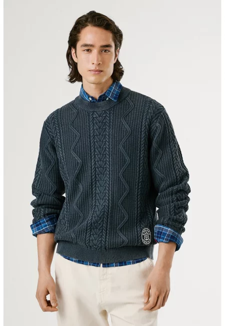 Пуловер с плетен дизайн - Петролно синьо