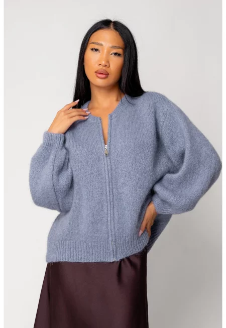 Пуловер с цип - микс от вълна и мохер - Буреносно синьо 18272 - Storm blue