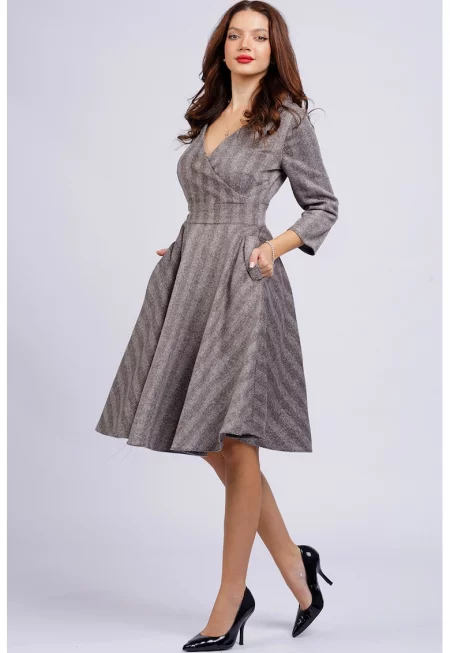 Разкроена миди рокля с джобове - Tъмносив