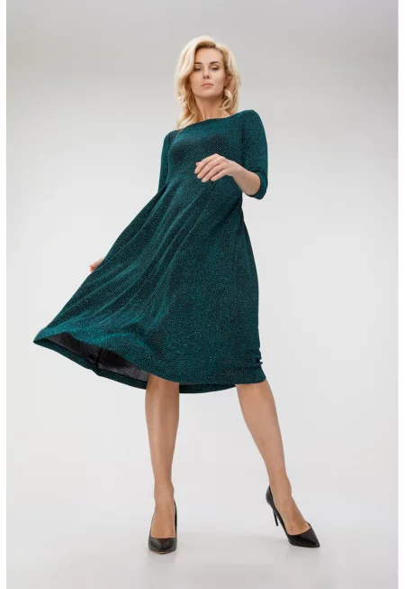 Разкроена миди рокля с овално деколте - Зелен/Тъмносин