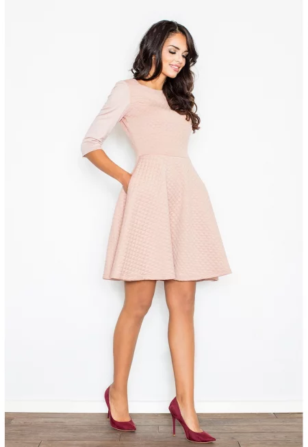 Разкроена рокля -  3/4 ръкави - розово - полиестер -