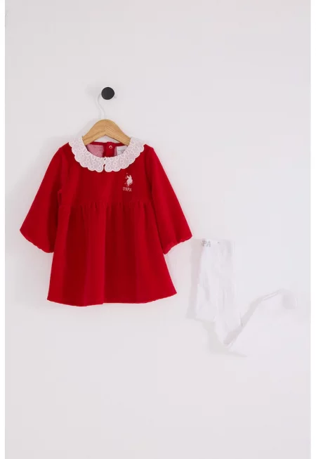 Разкроена рокля с дълги ръкави - Червен/Бял