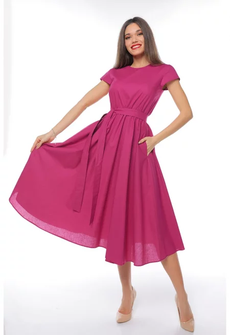 Разкроена рокля с къси ръкави - Фуксия