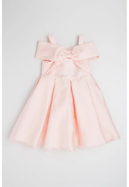 Разкроена тюлена рокля с панделка - Пастелнорозов