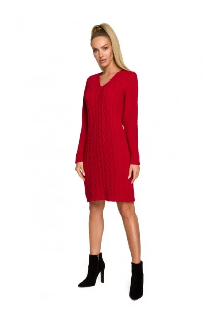 Рокля-пуловер - V-образно деколте - акрил - найлон - червено