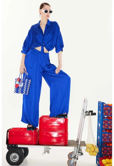 Сатиниран панталон с широк крачол - Кралско Синьо