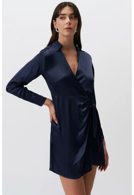 Сатинирана рокля със застъпен дизайн - Тъмносин