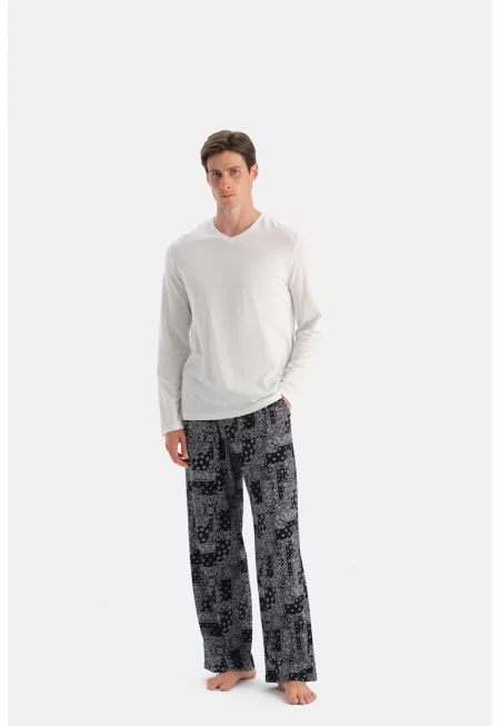 Шпиц пижама с индийска шарка - Черен - Мръснобял -