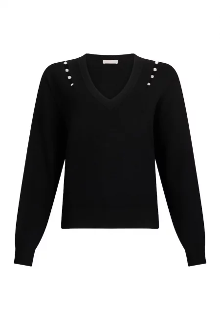 Шпиц пуловер с камъни - Черен