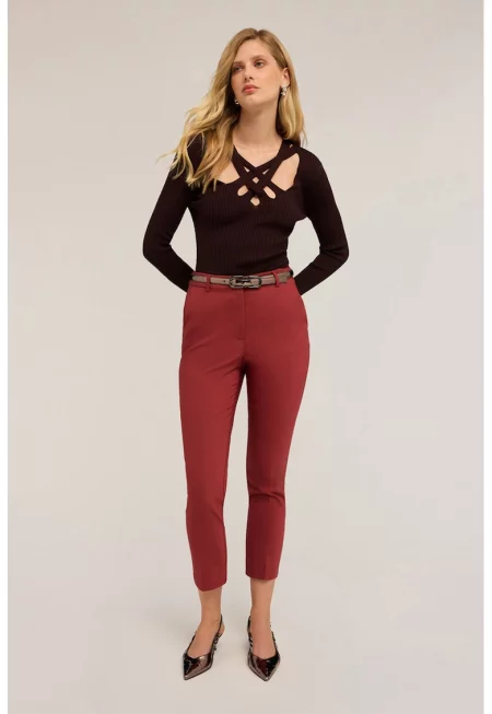 Скосен панталон със скосени джобове - Керемидено червено